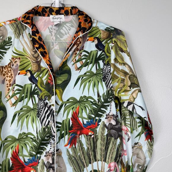Averie Satin Jungle Print Pajama Set Leopard Trim Small Scandi Girl - Picture 1 of 11